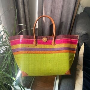 Colorful Striped Straw Tote Bag with Leather Handles - Green & Pink
